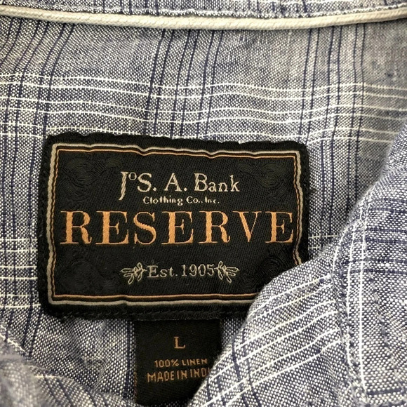 Jos A Bank Reserve Mens Size Large 100% Linen Blue Plaid Button Up Shirt Summer - Picture 2 of 4